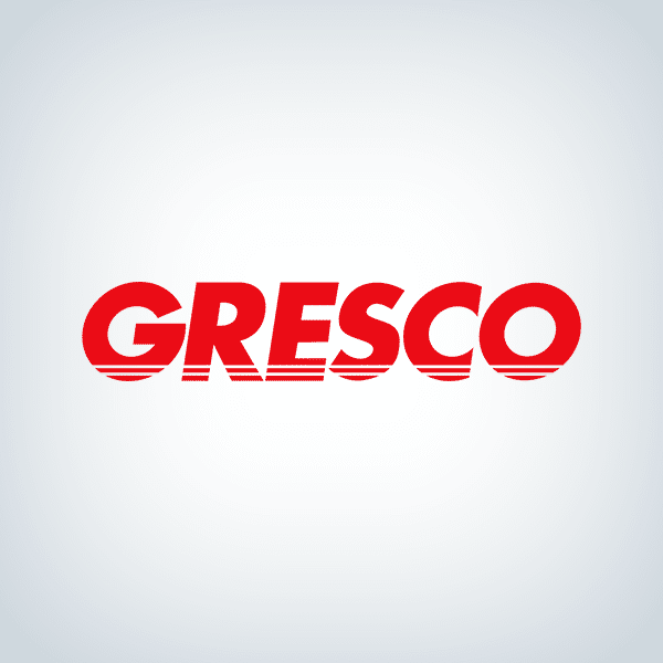 The image displays the word GRESCO in bold, red capital letters with three horizontal red lines through the bottom of each letter, set against a light gradient background.