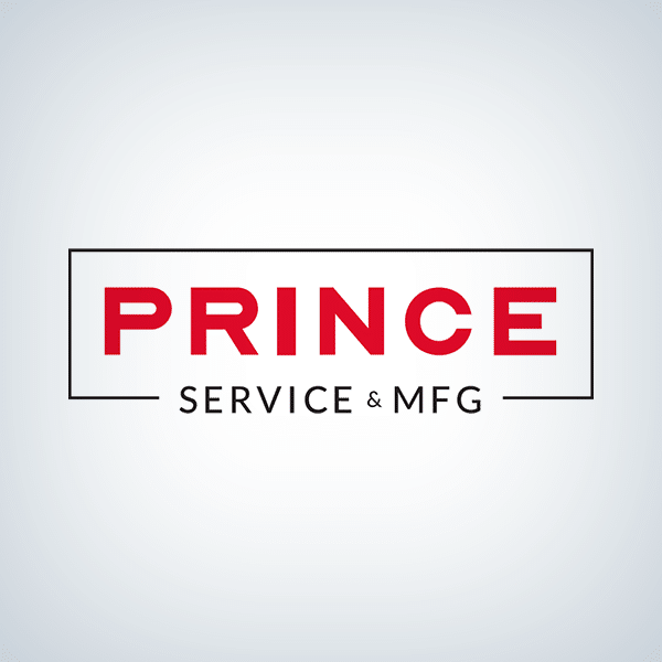 Logo with the word PRINCE in bold red uppercase letters above SERVICE & MFG in black, all within a rectangular black outline on a light gradient background.