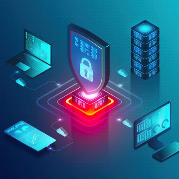Digital illustration featuring laptops, a server stack, and monitors linked to a central shield displaying a padlock symbol, symbolizing endpoint cybersecurity and data protection within a networked environment.